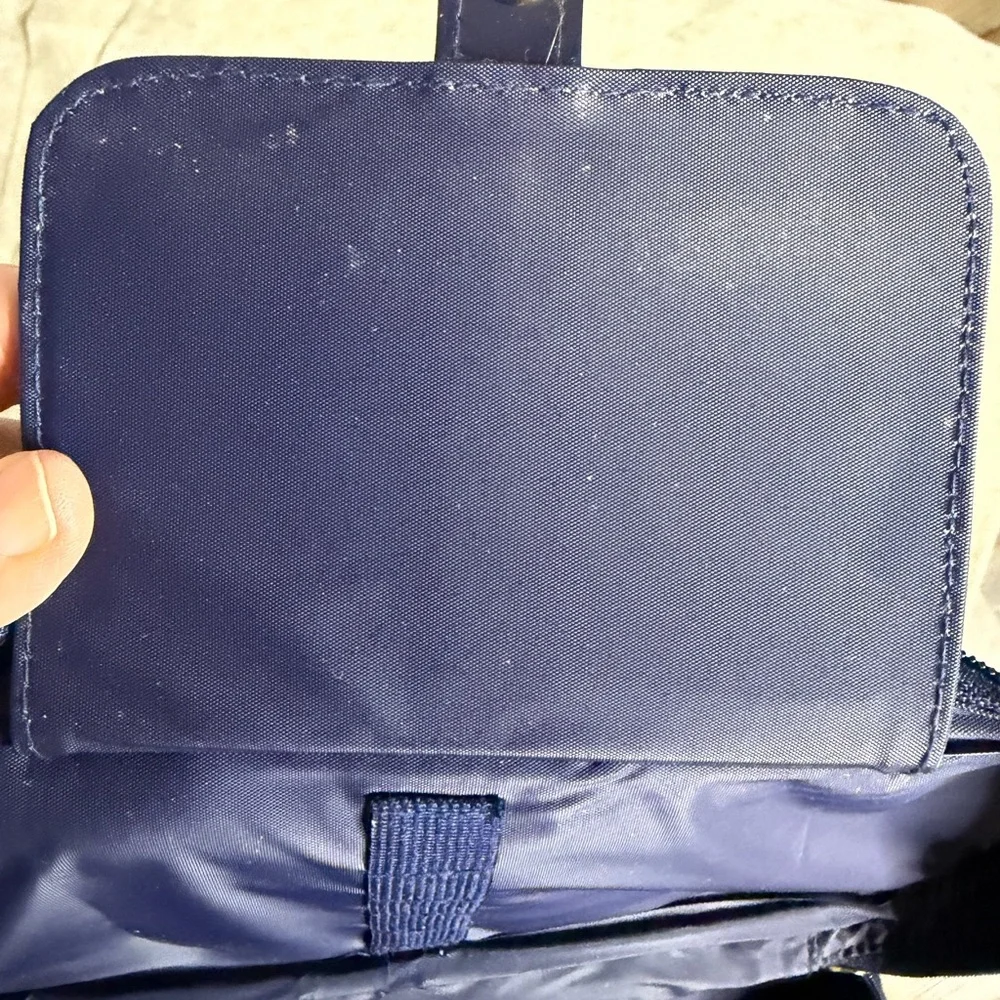 Estée Lauder Make Up Travel Bag Navy Blue Tan Rim‎ Zipper Mirror 10x5x2.5”